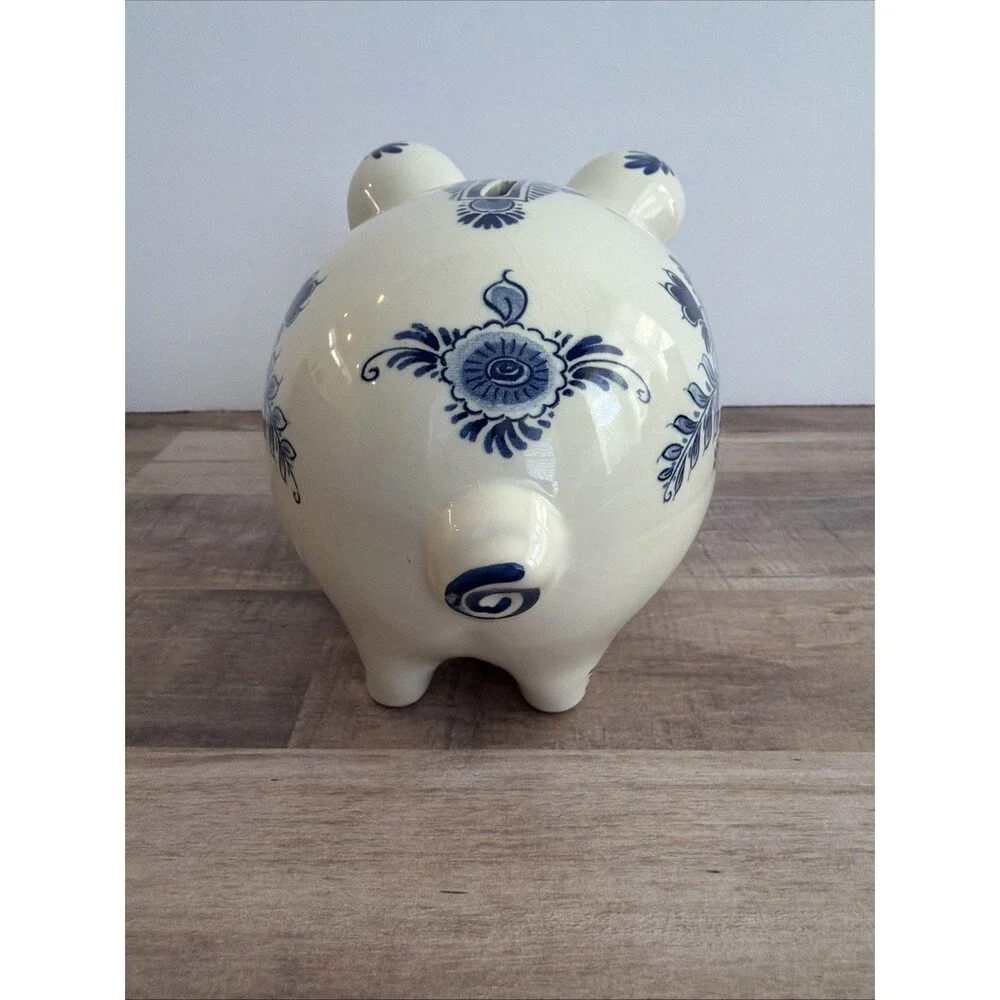 Delft Blue Holland Floral With Stopper Hand Painted Piggy / Coin Bank